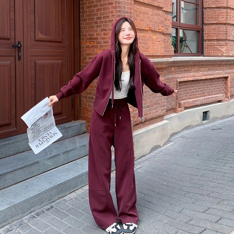 ファッション防風フード付きドローストリングセーターカジュアルスポーツスーツ2024新しいストレートワイドパンツ2点セット