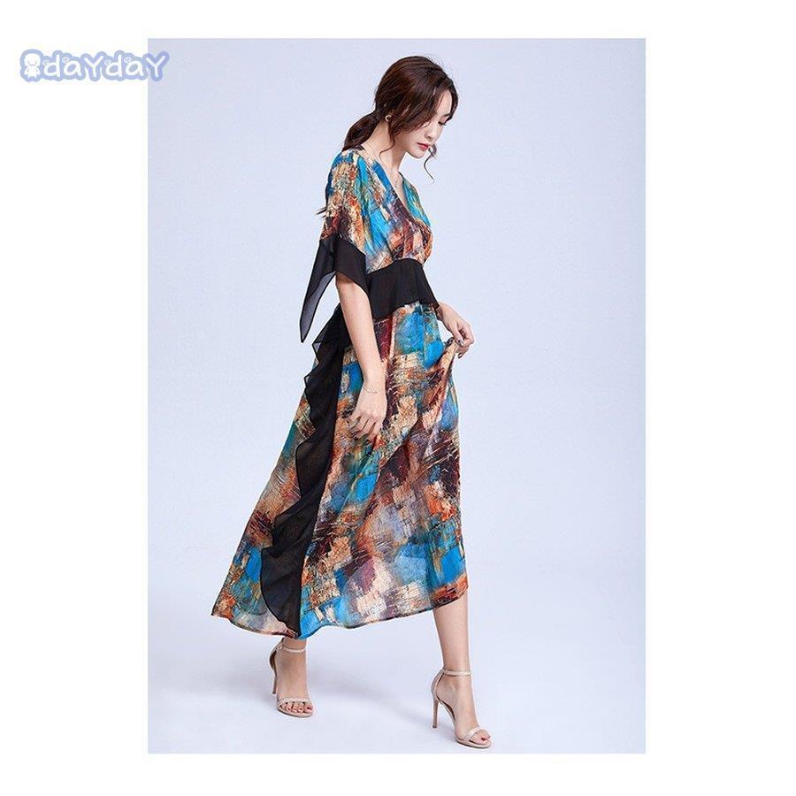 ロングワンピース ワンピース 5分袖 マキシ丈 V型襟 ベルスリーブ リボン付き 花柄プリント フレア裾 ハイウェスト 切り替え 涼しい 快適 おしゃれ