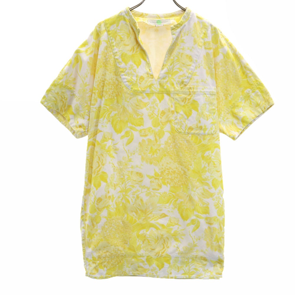 イタリア製 花柄 半袖 スキッパー ワンピース 36 イエロー レディース