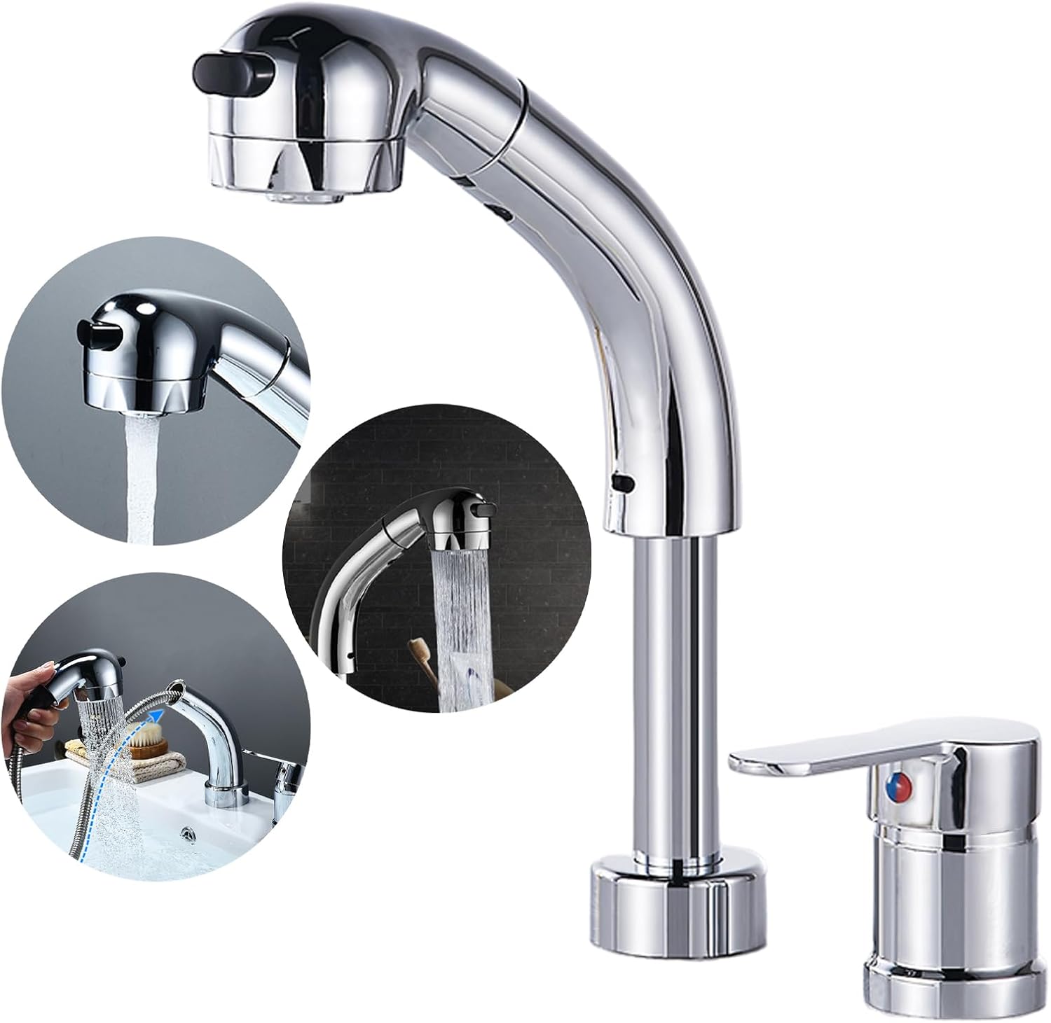 Weixiaoba 洗面台蛇口 2穴 浴室用水栓 スプレー 引き出し式 洗面台 水栓高さ調節可能 2つのスプレーモード付き 360回転ノズル 洗面水栓 クローム温水・冷水ホース付き 蛇口 洗面台