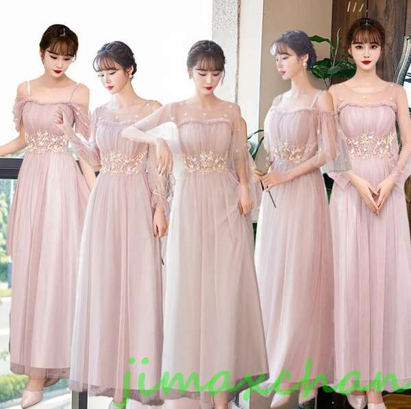 サマー　2色選　パーティードレス ワンピース　結婚式 ブライズメイド ドレス　Aライン ベアトップ　ロング　安い　花嫁　ミディアム丈