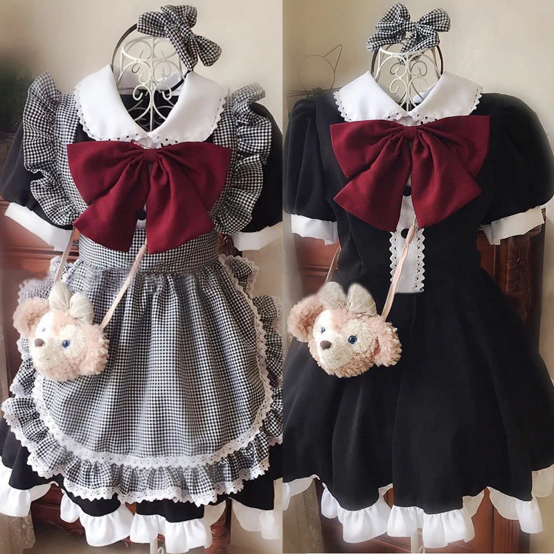 ハロウィン.クリスマス クラシックメイド服 喫茶店専用タイプ 黒白チェック+赤色+黒色