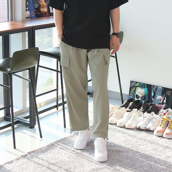 WSN メンズ ビッグサイズ シアサッカー カーゴ ストリング ワイドパンツ