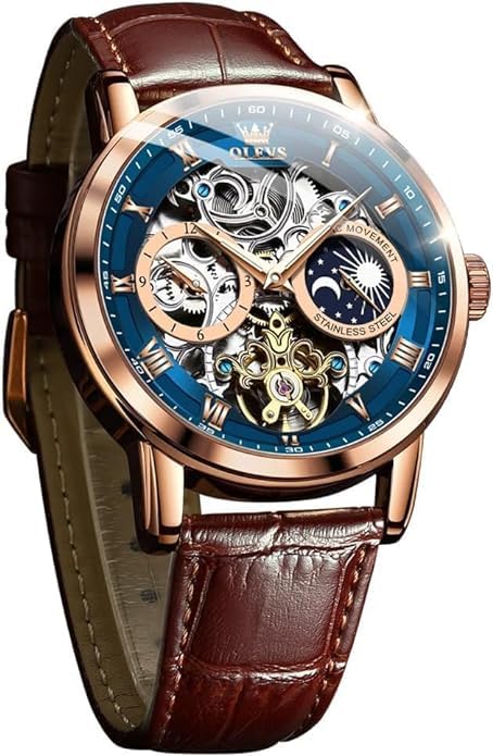 OLEVS 腕時計 メンズ 機械式 自動巻き＆手巻き レザー ファッション おしゃれ 男性時計 革 スケルトン ムーンフェイズ 夜光 月 防水 watch for men ブルー