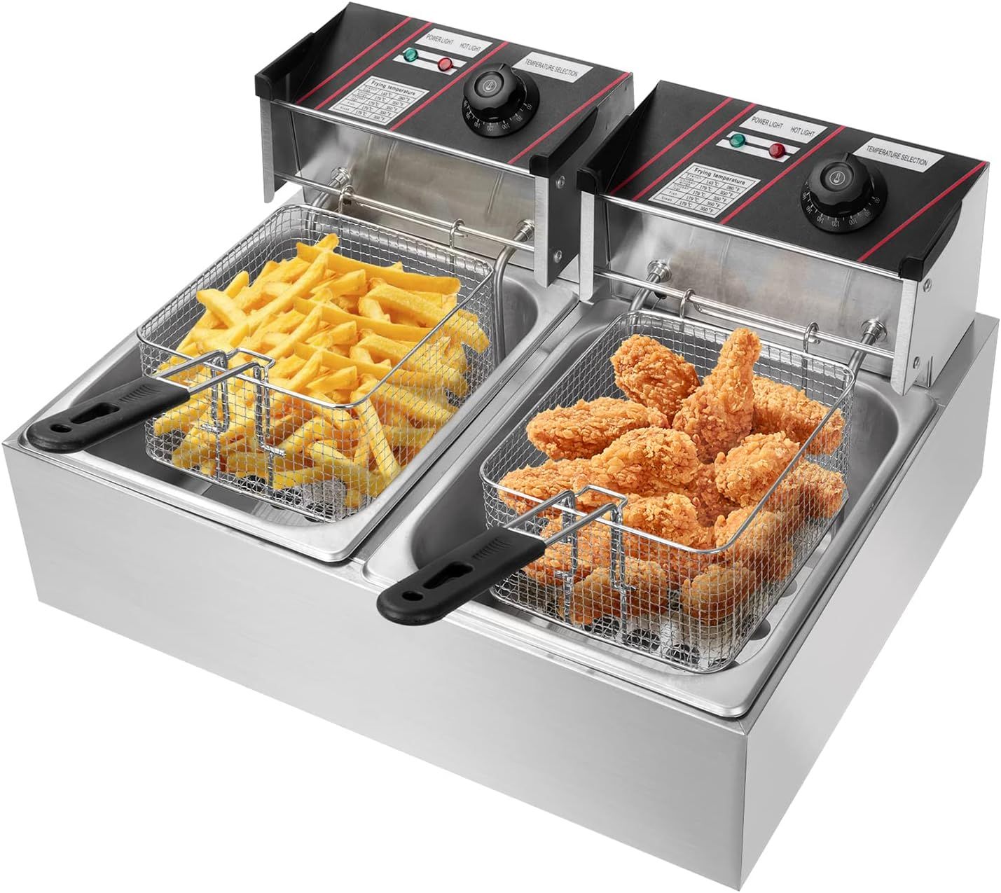 電気フライヤー 業務用 二槽式 12L 大容量 卓上フライヤー 100/110 温度調整付 2500Ｗ 揚げ物 天ぷら 唐揚げバスケット付き 個別通電可能 ダブルシリンダー ステンレス鋼 防錆性あ