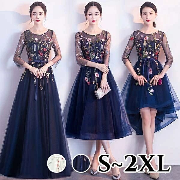 ドレス 大人 ピアノ 発表会 パーティードレス ひざ丈 ロングドレス ミセス向けドレス ファスナー 7分 花レース 成人式 結婚式 レディース ワンピース 花嫁 二次会 ピアノ発表会 演奏会 披露宴ド