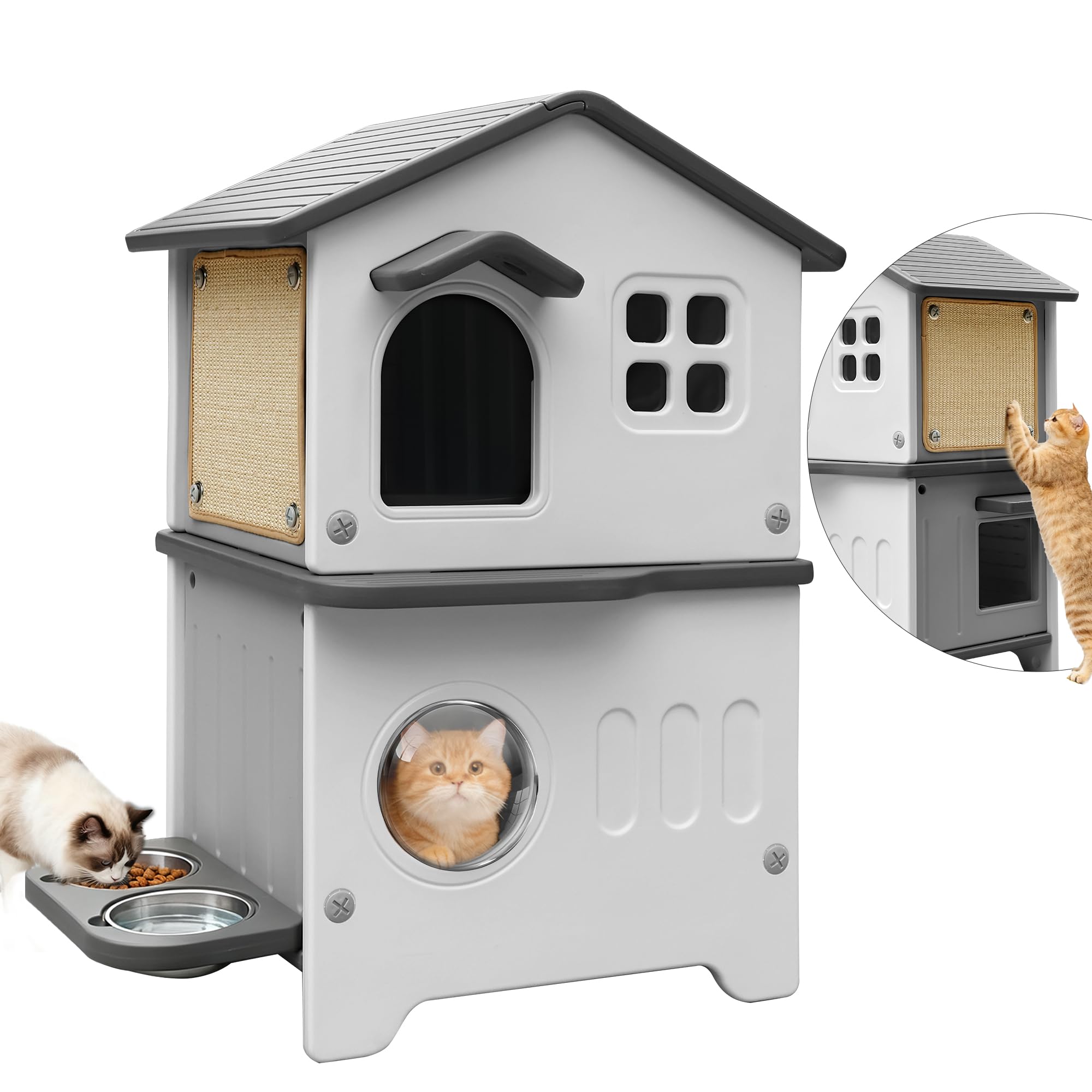 屋外用猫ハウス 耐候性プラスチック製 猫用高台付き食器・猫用スクラッチパッド・脱出ドア付き 2階建て 室内防水 複数匹対応 野良猫/飼い猫用シェルター グレー灰色