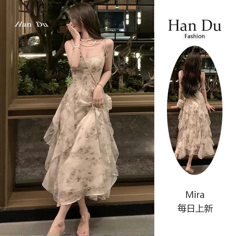 パーティードレス 春夏 新作 新中式 水墨 花柄キャミソールワンピース 不規則 ロングスカート ティーブレイクドレス