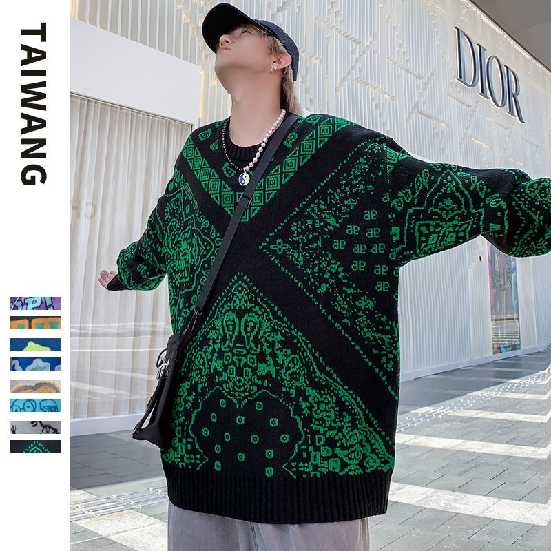 暖かい 韓国 セーター メンズ 大きいサイズ 長袖 秋冬 オーバーサイズ 男女兼用 個性 シンプル 防寒ファッションブランドの腰果花セーター男秋冬ニット男ゆるいプリントセーター