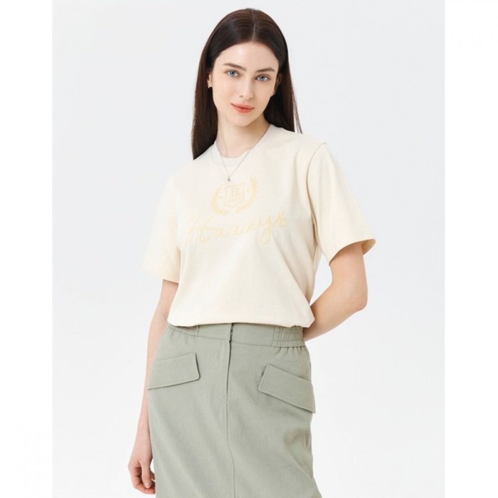 (ヘッジズレディース) 24SS ライトベージュニットカラーレタリング刺繍ショートスリーブ T シャツ HSTS4B304I1