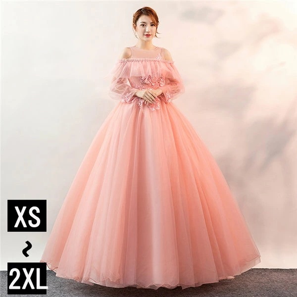 カラードレス 演奏会用ドレス ウエディングドレス 花嫁 ピンク 袖あり 前撮り 肩出し ロングドレス パーティードレス 小さいサイズ ピアノ 発表会 成人式 大人 ステージ衣装 披露会 舞台衣装 二次