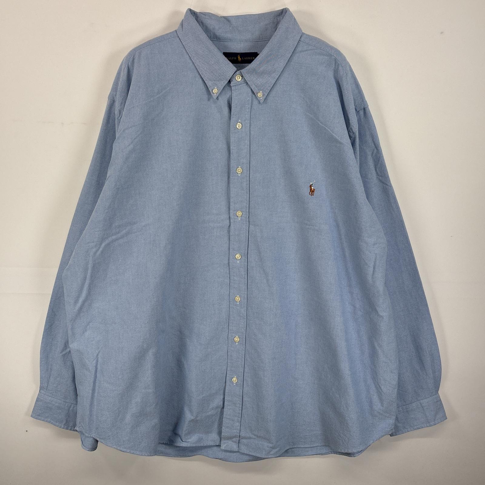 古着 長袖シャツ ボタンダウンシャツ ワンポイント ロゴ 刺繍 大きいサイズ 3XB ブルー 無地 メンズ