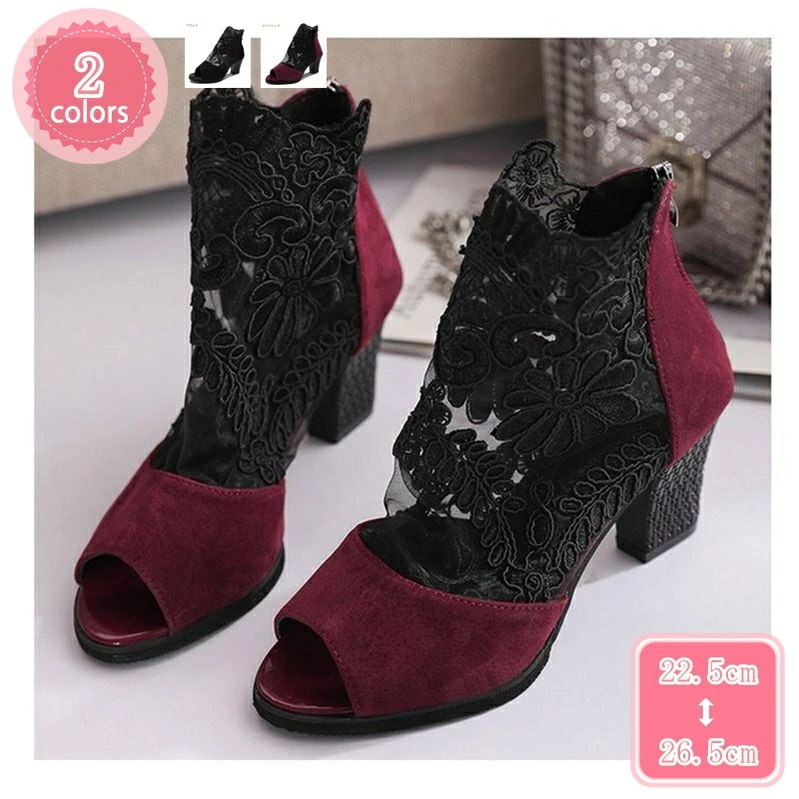 1000円OFFクーポン サンダルブーツ レディース ブーツ ヒール チャンキーヒール サンダル 花柄 レース メッシュ ファッションサンダル 夏ブーツ 7.5cmヒール 美脚 ブーティ 通気性 疲れ