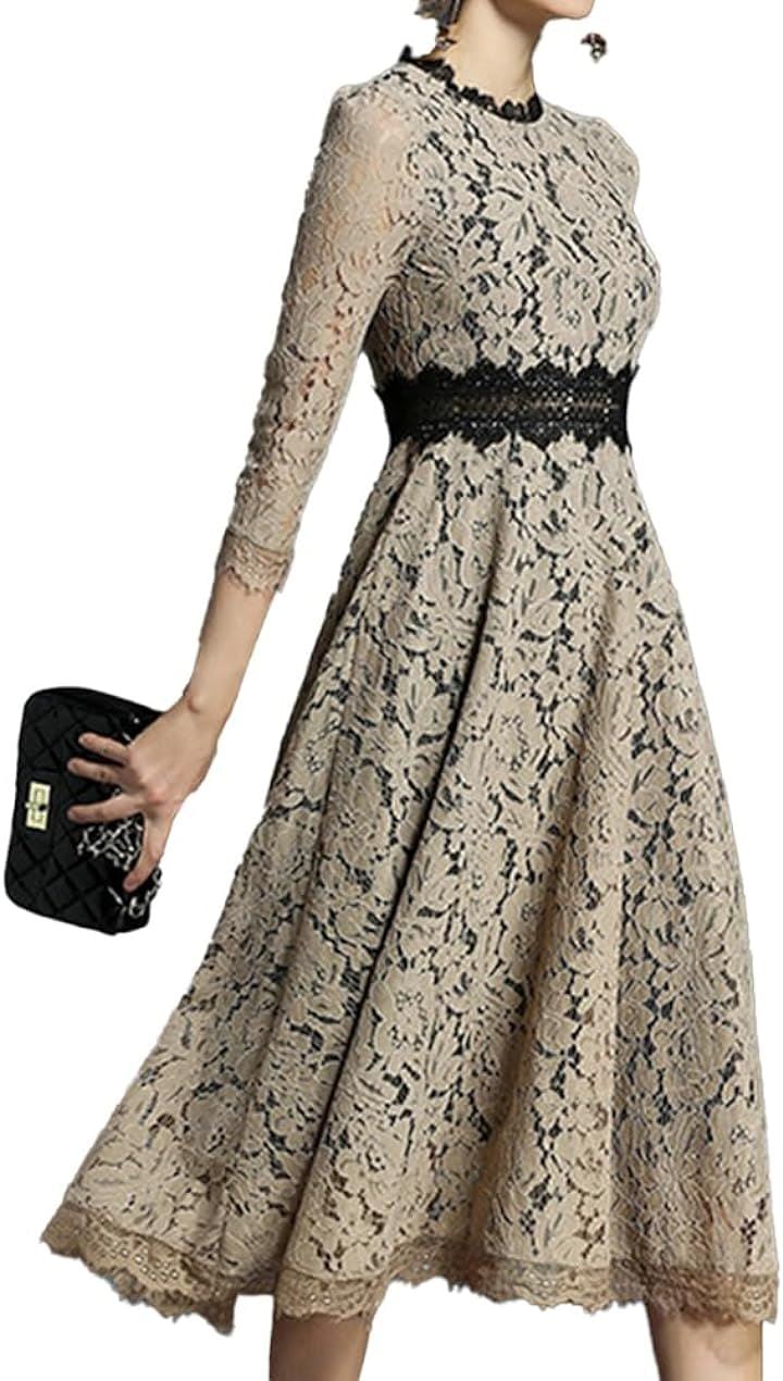 ワンピース パーティー ドレス 総レース 花柄 刺繍 ロング丈 フォーマル Mサイズ( カーキ, M)