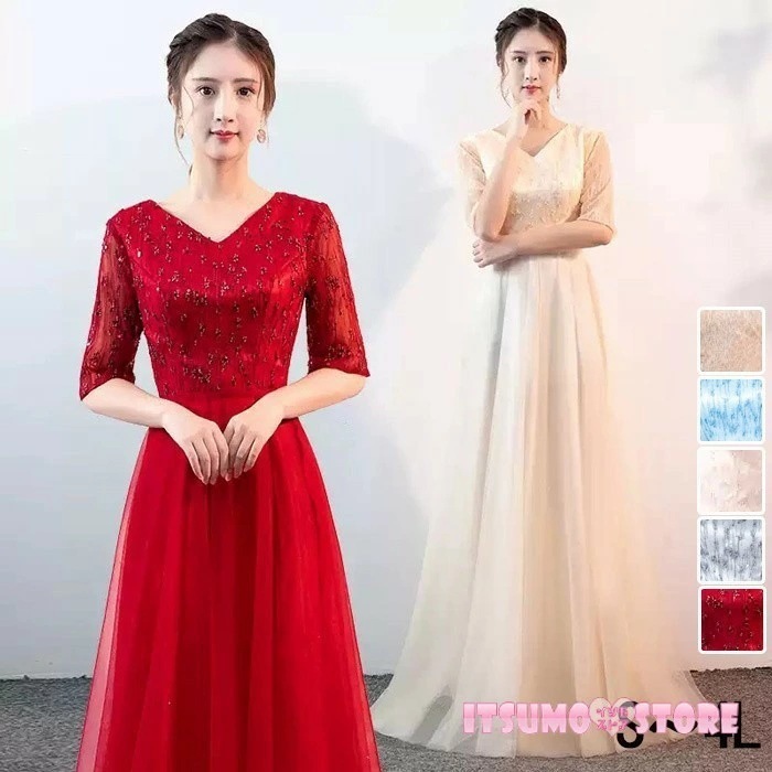 挑戦最安値!パーティードレス ロングドレス レディース 演奏会 ピアノ発表会 Aライン ワンピース 五分袖 体型カバー 上品 大人 結婚式 二次会 同窓会 式 ステージドレス ロング丈 お呼ばれ 20