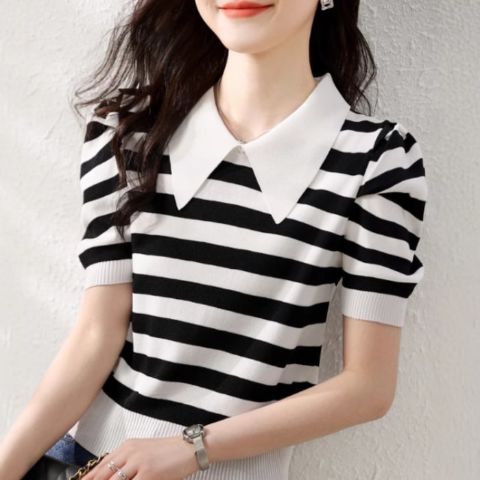 レディース トップス サマーセーター サマーニット ショート 半袖 襟付き スリム 細身 スマート 伸縮性 かわいい 大人可愛い きれいめ シンプル カジュアル 上品 おしゃれ レトロ こなれ感 ラフ