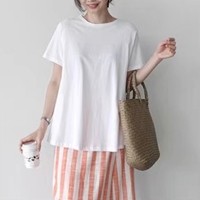 レディース トップス カットソー Tシャツ 半袖 Uネック ラウンドネック セミフレア ストリート かわいい 大人可愛い きれいめ シンプル カジュアル おしゃれ こなれ感 ラフ ガーリー ルーズ