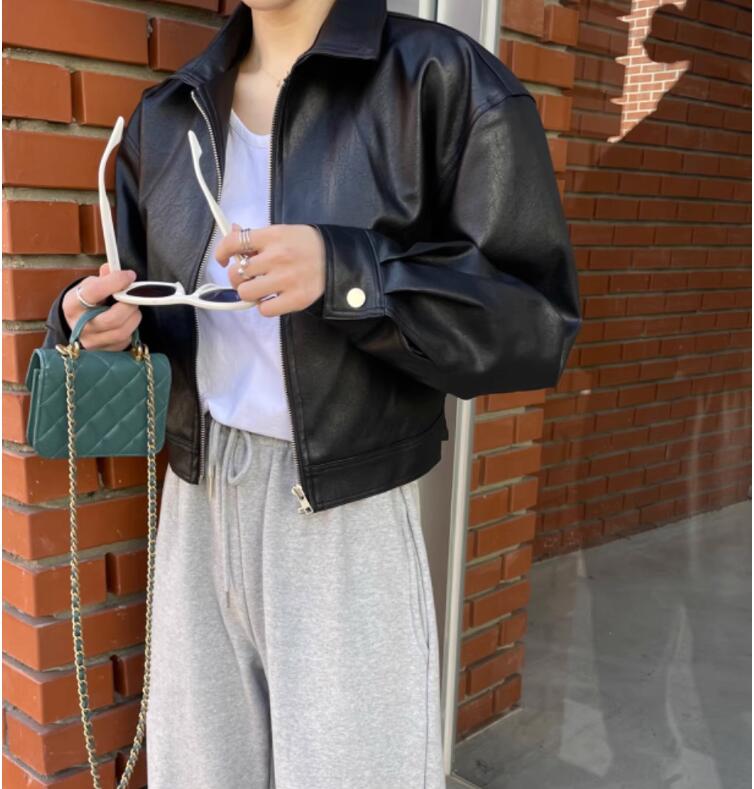 韓国開襟ジップレザーコート女性のの新作ショート丈ジャケット
