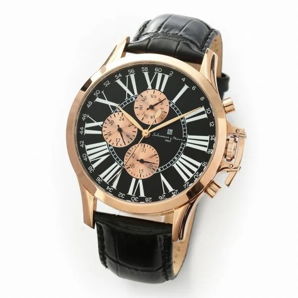 取寄品 正規品 Salvatore Marra 腕時計 SM23101-PGBK 日常生活防水 日付曜日表示 レザーベルト 防水 メンズ腕時計