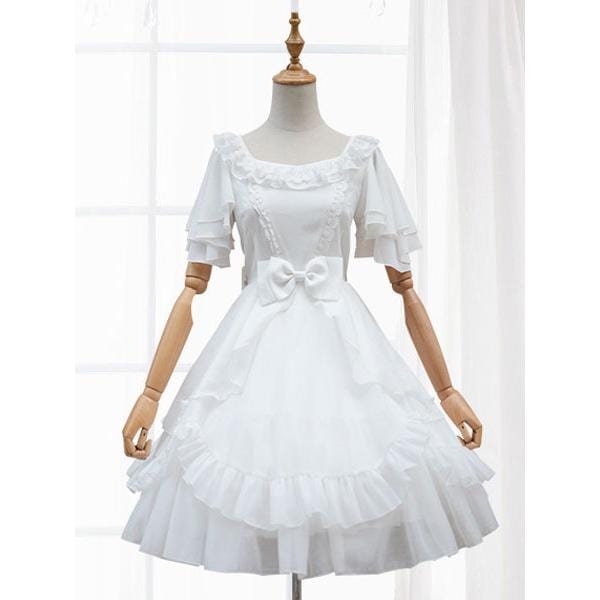袖ありのワンピース　ロリィタファッション　シフォン　花嫁　無地　スクープネック　お茶会　半袖　-554