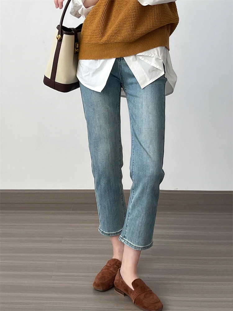 韓国ファッション 弾力 ストレート 2024春 ハイウエスト スリム 気質 ジーンズ カジュアルパンツ カジュアル ロングパンツ 九分丈パンツ 5,037円