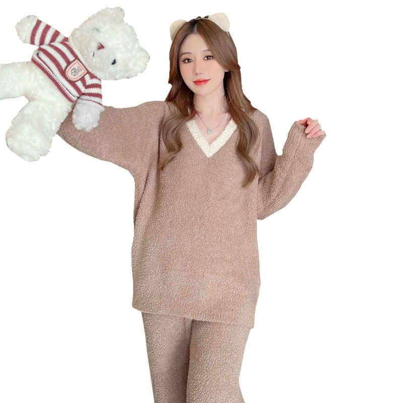 厚手ふわふわ居着外着パジャマ女性秋冬長袖カバー頭かわいい甘さカバー