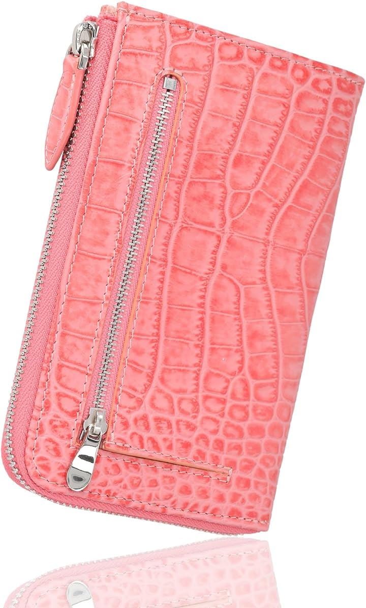 母の日 コンパクト 財布 長財布 革 1万円札とほぼ同じ幅の長財布 レディース クロコ型押し 薄い l字ファスナー( ピンク)