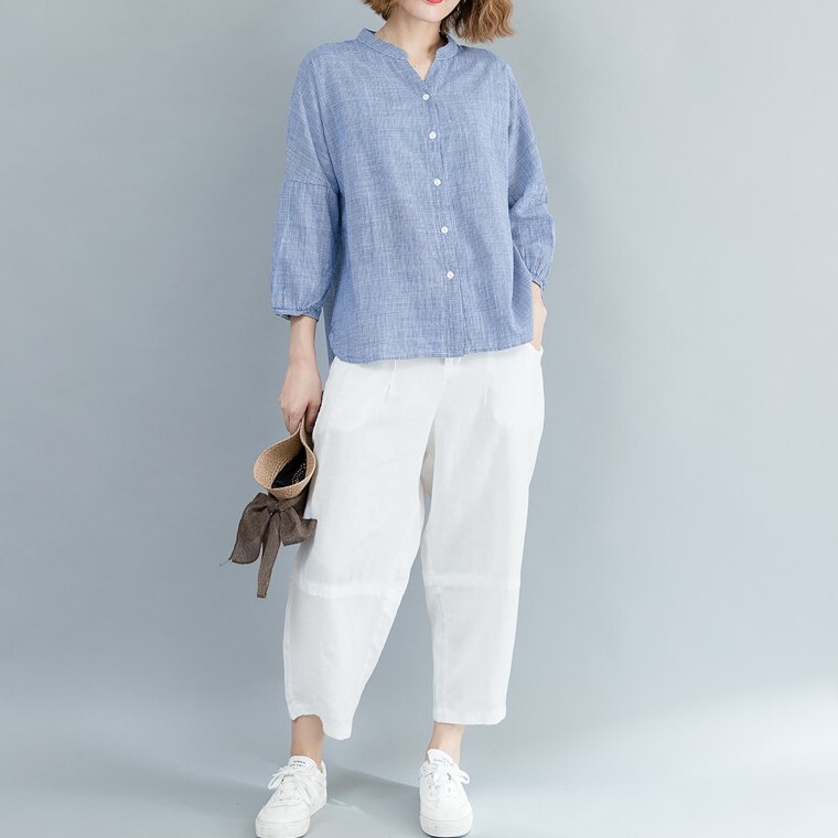 トップス シャツ ミディアム丈 袖あり 七分袖 スタンドカラー ストレート 薄手 シンプル カジュアル 大人 おしゃれ 大人女子 こなれ感 ラフ ボーイッシュ ガーリー 抜け感 無地 春 秋 2022