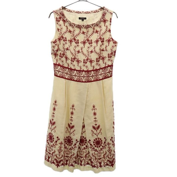 日本製 総柄 ノースリーブ ワンピース 2 ベージュ×レッド レディース