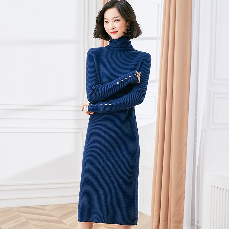 高襟セーター女100純ウールの中長タイプのボディスーツは膝を越えたセーターのワンピースにコートをつけ