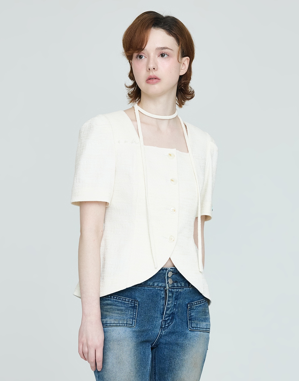 SUMMER SQUARE NECK SHORT-SLEEVED JACKET - IVORY