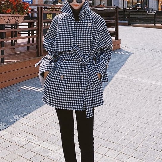 ジャケット レディース ミディアム丈 チェック マニッシュ タイト 千鳥格子 薄手 長袖 アウター ミディアム丈 オーバーサイズ 韓国風 軽い 軽量 フード付き 冬服 厚手 アウター 暖かい lout