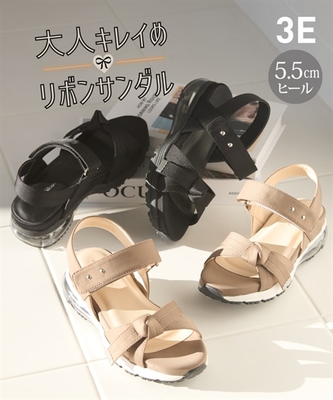 ストラップ クッションソールリボンデザインスポーツサンダル 低反発中敷・ワイズ３E