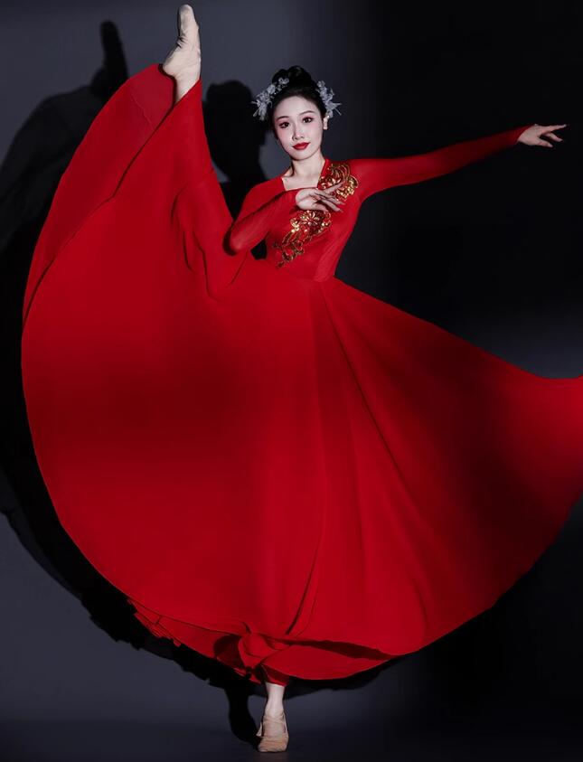 花柄 中指にかける 社交ダンス 720度 大きい裾スカート 広がる モダンダンス ロング丈 練習着ワンピース 古典ダンス 舞台演出ロングドレス　合唱団720度 民族風ダンスワンピース 大きいサイズ レ