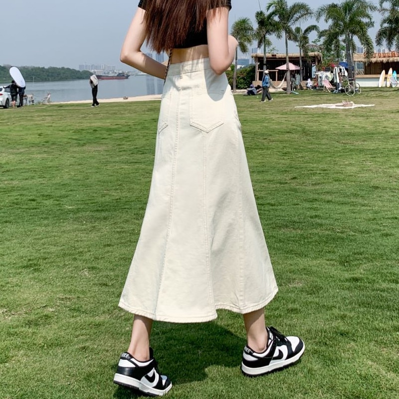 女性用ホワイトデニムフィッシュテールスカート夏ハイウエストヒップaラインロングスカートハーフスカート小柄な人向け2024新しいスタイル