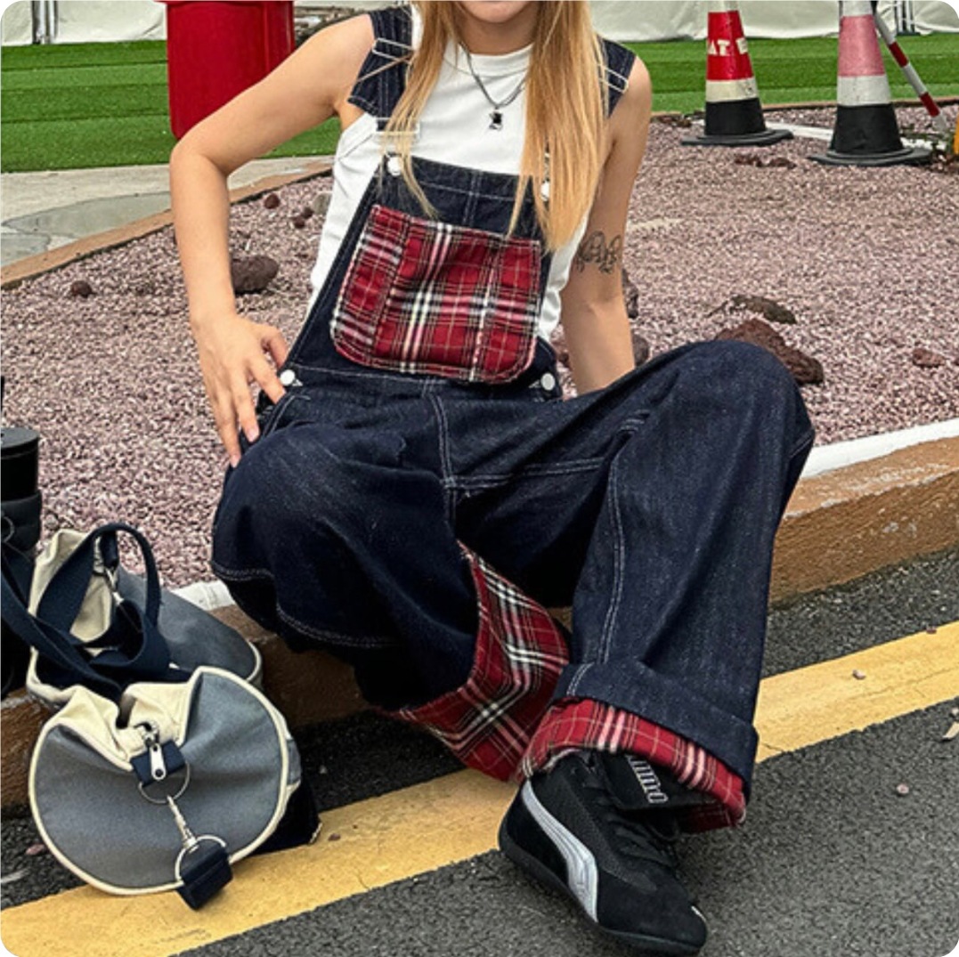 アメリカン ヒップホップ プレイド・パッチワーク デニム ルーズ ワイドレッグ ズボン デザイン シック サロペット オールインワン チェックスイッチングオーバーオール