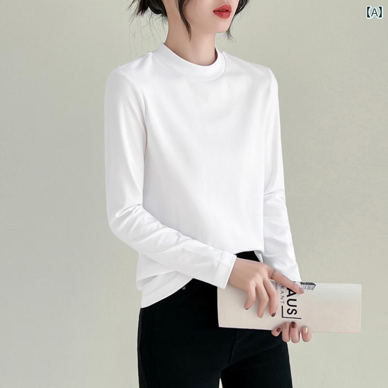レディース トップス シンプル おしゃれ 綿 長袖 白 Tシャツ 半 高 小中 襟 春秋 インナー シルケット コットン ボトム スタンドカラー