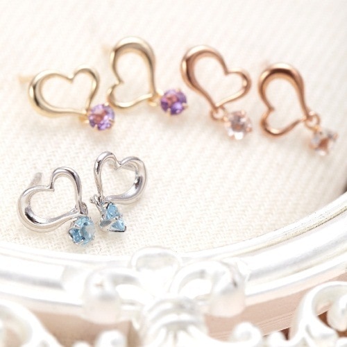 K10WGK10K10PGオープンハートに天然石が1粒ぶら下がるピアスホワイトゴールドとブルートパーズゴールドとアメジストピンクゴールドとローズクォーツパワーストーンシリコン樹脂付きキャッチ1