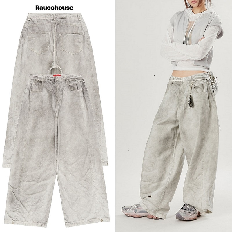 Snap wide dirty washed denim pants Jeans 韓国ファッション 男女共用 韓国人気 1色