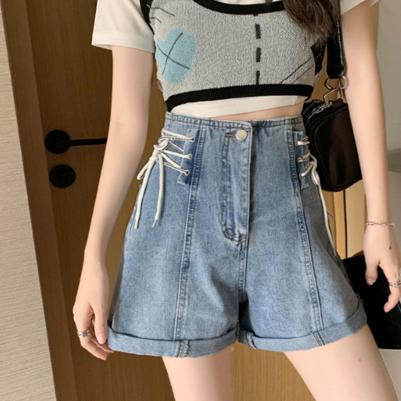 個性的 大きいサイズ ボトムス デニムパンツ ショート ショート丈 ワイド リボン ポケット ハイウエスト デニム ブルーデニム かわいい カジュアル おしゃれ かっこいい 大人女子 こなれ感 ラフ