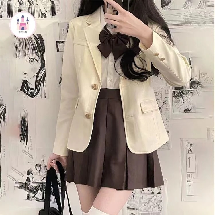 jkコートエンブレム制服スーツコートウエストシャツダークカレー色プリーツスカート小スーツ正肩 4,927円