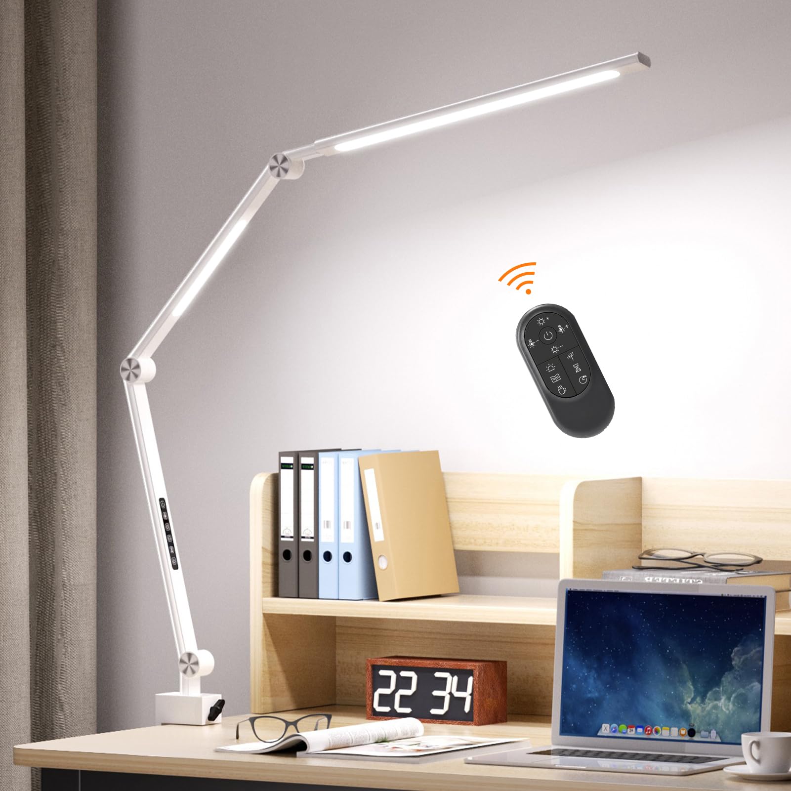 デスクライト LED スタンドライト 22 Wダブル光源2400 lx無段階調光調色10 m対応リモコン60 秒遅延自動消灯ポモドーロモード高演色性Ra95 クランプ付き 強化アルミ合金