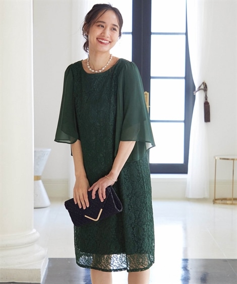 ドレス 結婚式パーティードレス シフォンフレア袖デザインレースサックワンピースドレス 大きいサイズ有