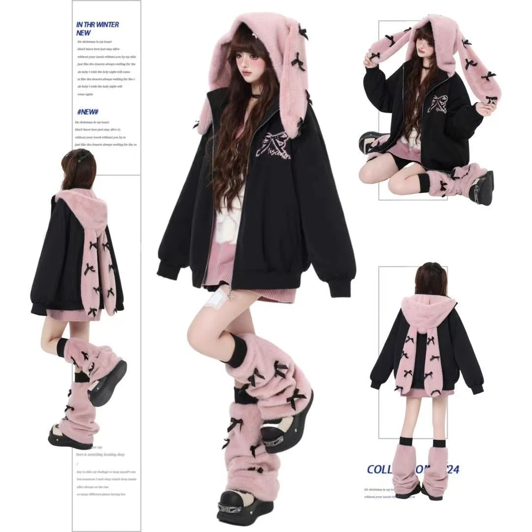 中綿ジャケット レディース アウター 冬 フード付き ジャケット 中綿 暖かい もこもこ うさ耳 リボン付き かわいい 量産系 地雷系 おしゃれ 韓国ファッション 冬服