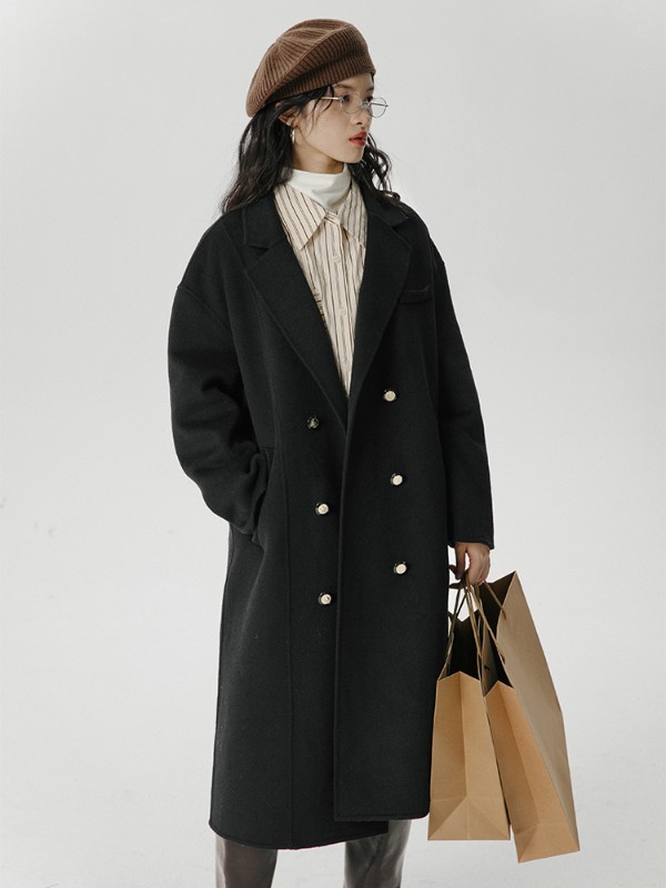 オーモントエッグタルトホームレトロウールダブルフェイスウールコートレディース新作秋冬ダブルブレストミディアム丈ウールコート