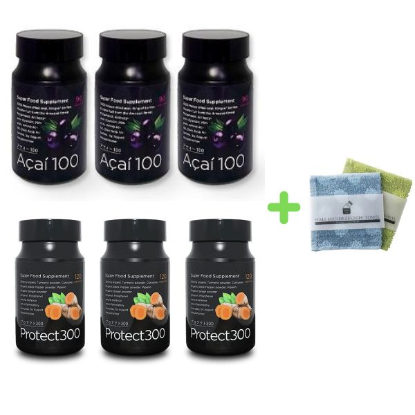 アビオス アサイー100 x90粒 / プロテクト300 x120粒 +ハンドタオル付 3個