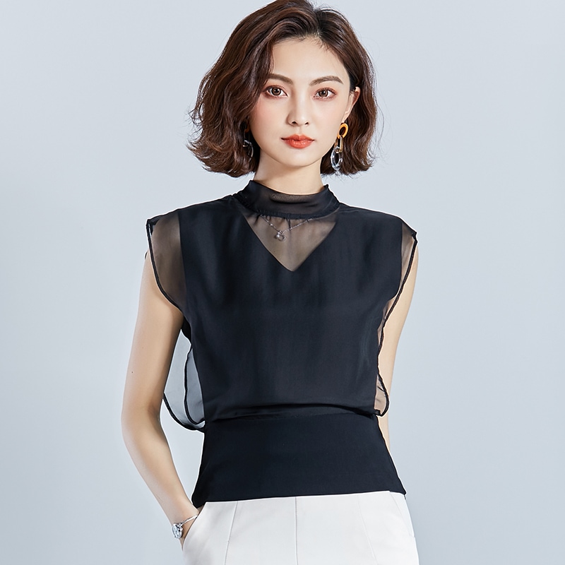 トップス シャツ シフォンシャツ ノースリーブ ハイネック プルオーバー ショート丈 ウエストマーク シースルー かわいい 大人可愛い きれいめ シンプル 上品 おしゃれ かっこいい カジュアル