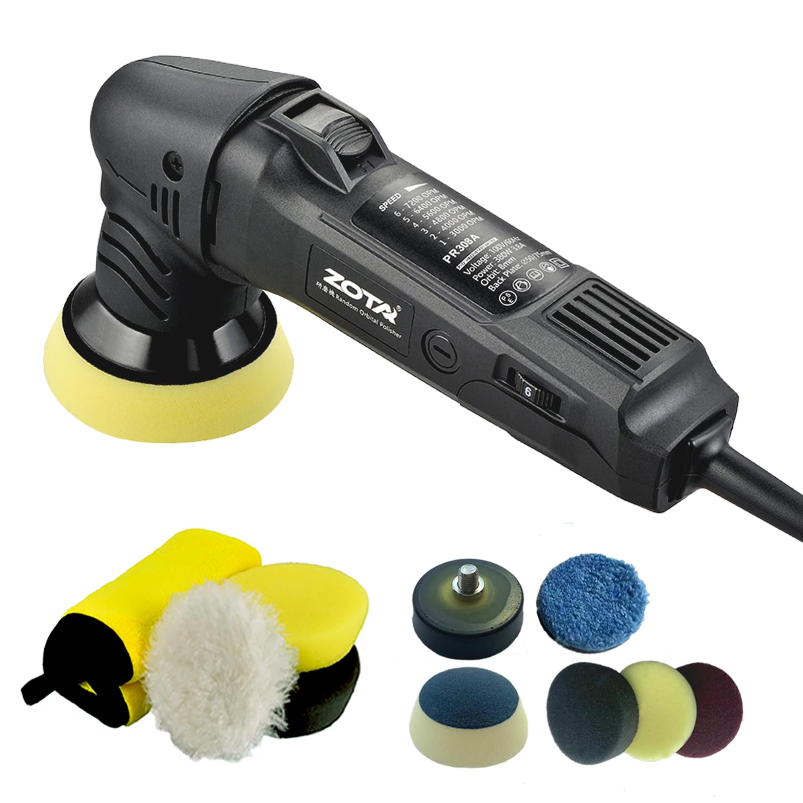 ZOTA ミニポリッシャー,50mm/75mmダブル裏板電動ポリッシャー 車，100V六段変速 3000-7200RPM 恒定回転速度ポリッシャー 小型，8mmポリッシャー ダブルアクション，車のディ