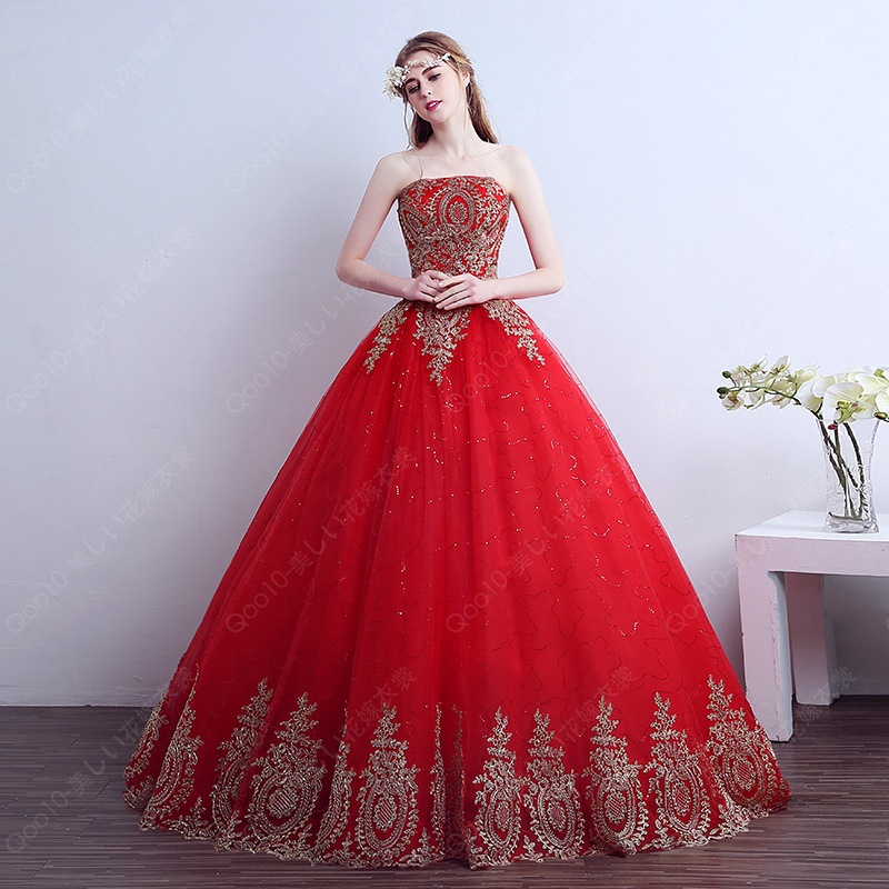 ウェディングドレス/フリルドレス/超美ライン写真撮影ドレス/結婚式披露宴フォマールドレス/カラードレス赤/演出司会キャスター-91