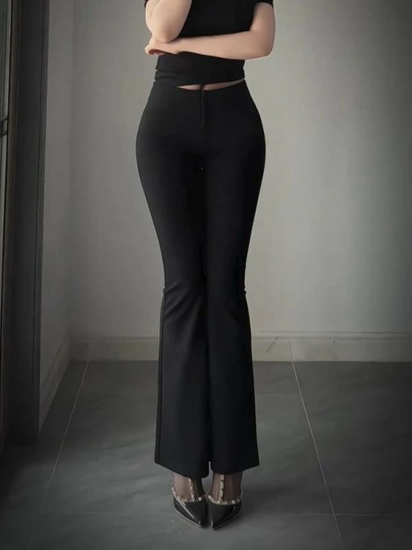 レディース ファッション オシャレ カワイイ シンプル 人カワイイ きいサイズ 黒 薄手 ストレッチ スリム フレア パンツ ハイウエスト カジュアル パンツ ロング